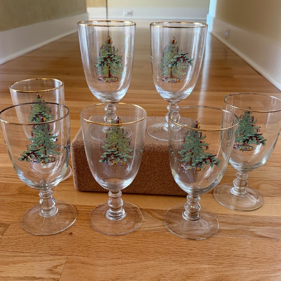 Spode Water Goblets 16 oz  Set of Seven (7) Christmas Tree Pedestal Gold Rim - Picture 4 of 15